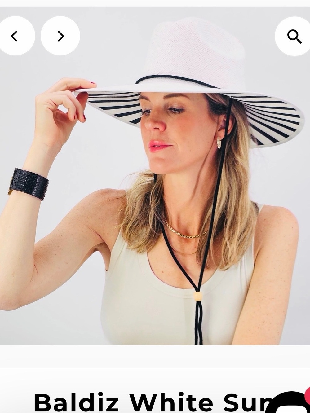 White Wide-Brim Sun Hat with Blue Chin Cord and blue Striped Underside